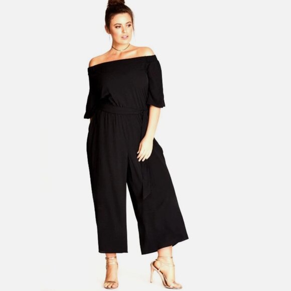 New City Chic Jumpsuit Plus Size 16 Crop Wide Leg Off Shoulder Stretch *No Belt* - Picture 1 of 7